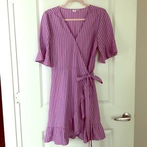 Pink and blue striped linen wrap dress